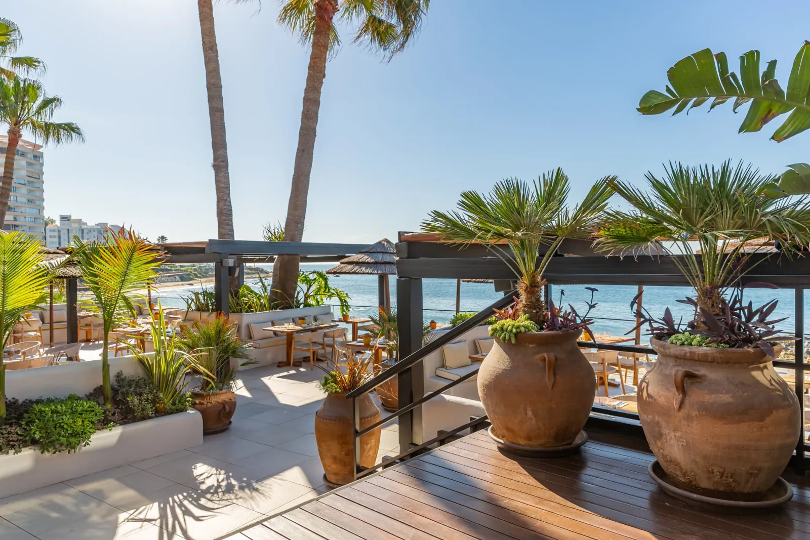 Terraza de Max Beach con palmitos en grandes tinajas y vistas al mar en la Costa del Sol