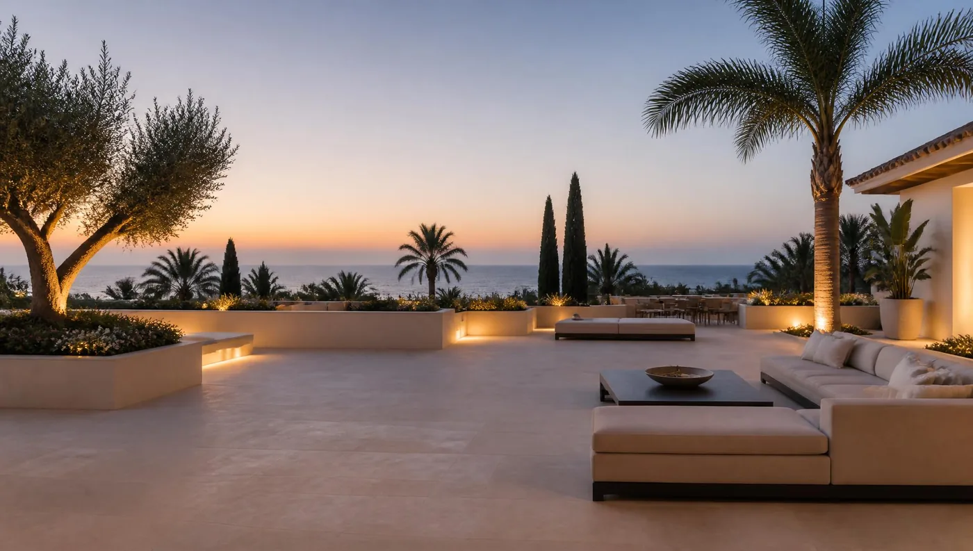 Terraza mediterránea contemporánea al atardecer en la Costa del Sol